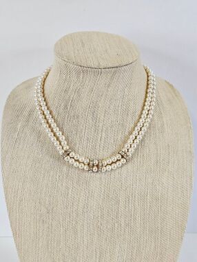 Vintage Double Strand Crystal Rhinestone Accent Pearl Beaded Necklace Choker